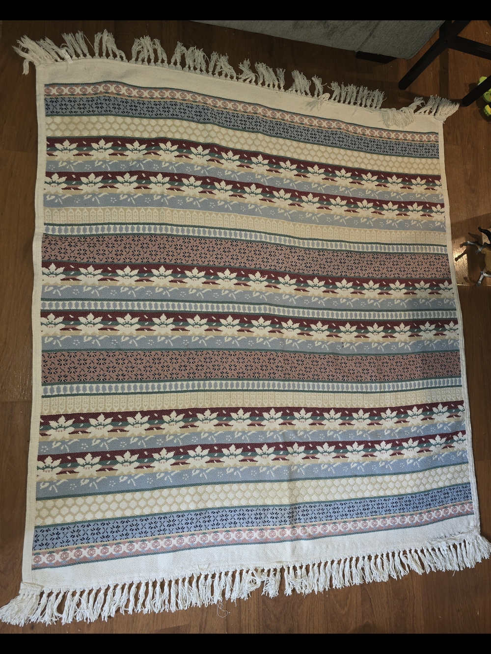 Striped Floral Fringe Throw Rug - Blue, Cream, Burgundy